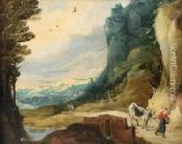 A Mountainous Landscape With A Woman Leading Abull On A Country Path Oil Painting - Joos De Momper