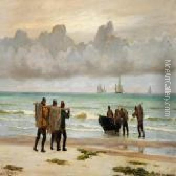 Fishermen On The Beach, Skagen Oil Painting - Carl Locher