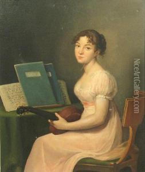 A Girl In A Pink Dress Holding A Guitar Oil Painting - Julien Leopold Boilly