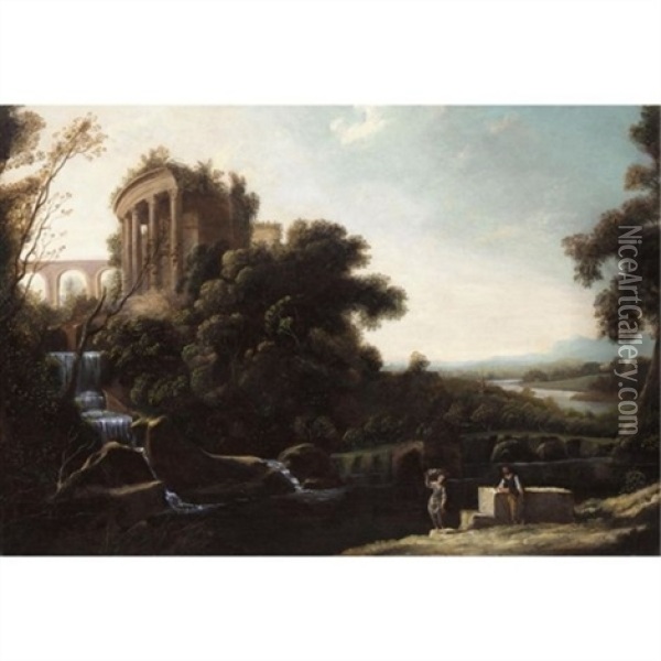 A River Landscape With Figures Resting Beneath A Capriccio View Of The Temple Of Vesta At Tivoli Oil Painting - Pierre Patel