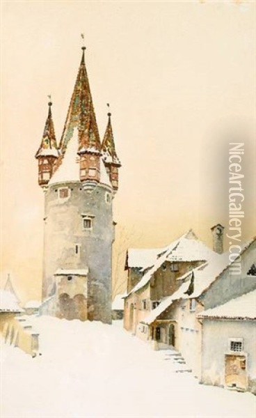 Der Diebsturm Und Die Glockengieserhutte Am Oberen Schrannenplatz Zu Lindau Im Winter Oil Painting - Robert Schielin