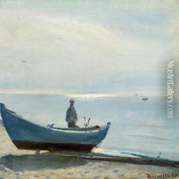 A Fisherman And A Dinghy On The Beach In The Blue Evening Light Oil Painting - Michael Ancher