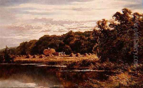 Harvesters in a Field by a River Oil Painting - Henry Hillier Parker