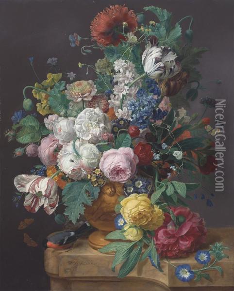 Tulips, Peonies, Daffodils And Other Flowers In A Terracotta Vase Oil Painting - Jan Frans Eliaerts