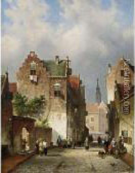 Townsfolk In A Busy Street Oil Painting - Charles Henri Leickert