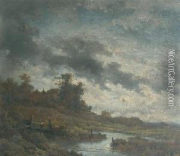 Evening Landscape With Figures Oil Painting - Remigius Adriannus van Haanen