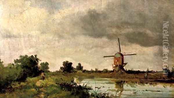 A windmill in a Dutch landscape Oil Painting - Johan Hendrik Weissenbruch