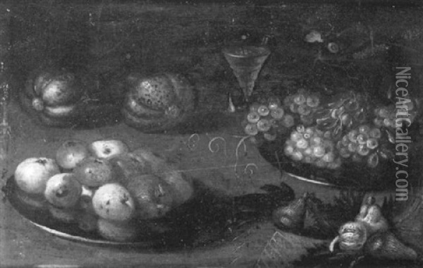 Nature Morte Aux Plats De Pommes, Raisins Et Verre De Vin Sur Un Entablement Oil Painting - Jan van Kessel the Elder