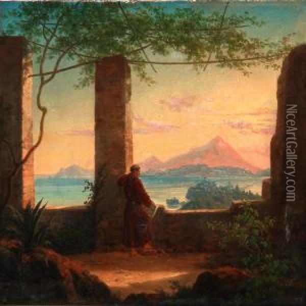 A Monk Looking Over Naples Oil Painting - Frederik Ludwig Storch