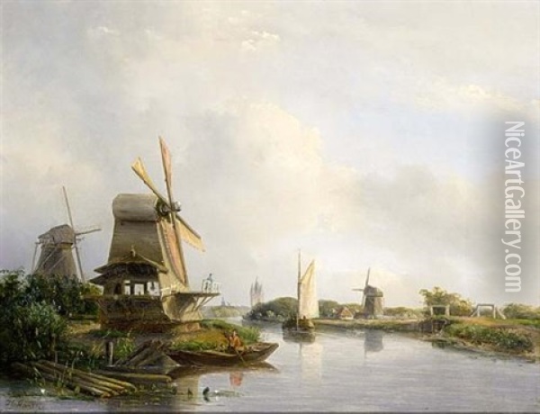 A River Landscape With Boats And An Angler Near A Mill Oil Painting - Josefus Gerardus Hans