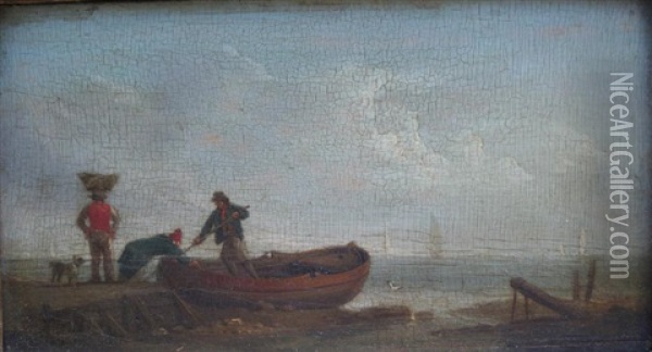 Fisherfolk With Boats On The Shore (+ Another; Pair) Oil Painting - William Anderson
