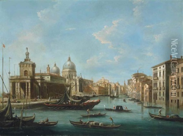 The Grand Canal, Venice, With The Punta Della Dogana And Santa Maria Della Salute Oil Painting - Giuseppe Bernardino Bison