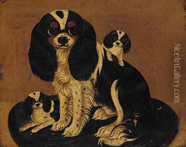 A spaniel and her puppies Oil Painting - English Provincial School