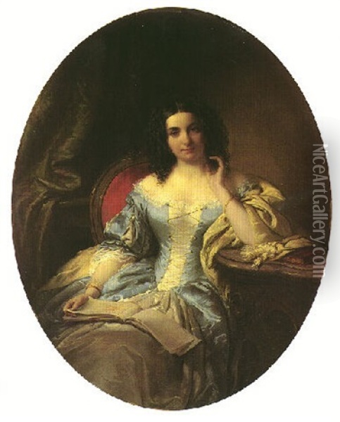 Portrait Einer Sitzenden Dame Im Blau Und Weissen Kleid Oil Painting - Edouard Ender