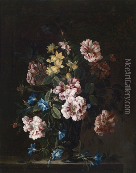 Ein Stillleben Mit Rosen, Veilchen, Narzissen Und Anderen Blumen In Einer Glasvase Oil Painting - Simon Hardime