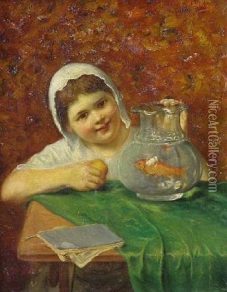 Madchen Mit Einem Goldfisch Im Glas Oil Painting - Ludwig Dominik Kohrl