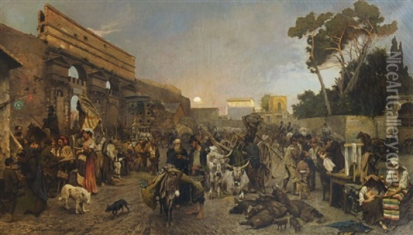 Abendliches Treiben An Der Porta Maggiore In Rom Oil Painting - Franz Gustav Hochmann