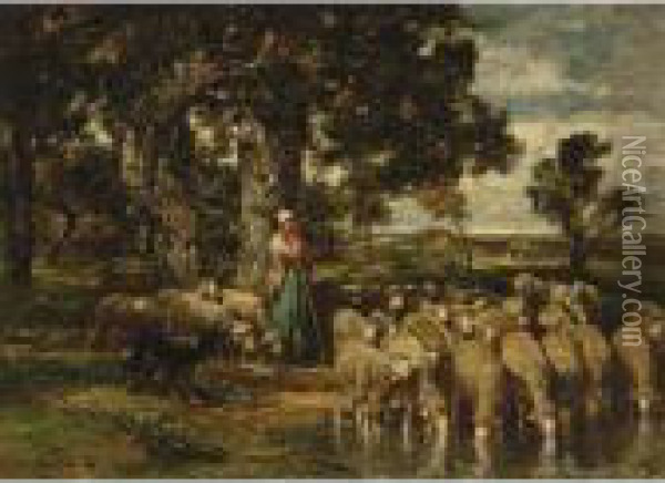 A Shepherdess With Her Flock Oil Painting - Charles Emile Jacque