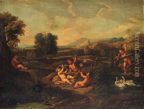 Putti disporting in landscapes Oil Painting - Roman School