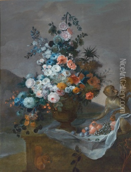 A Still Life Of Flowers And Fruit With A Monkey Oil Painting - Jean Baptiste Charles Claudot