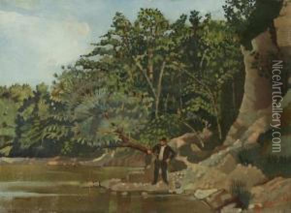 Angler An Bewaldetem Flussufer Oil Painting - Johann Robert Schuerch