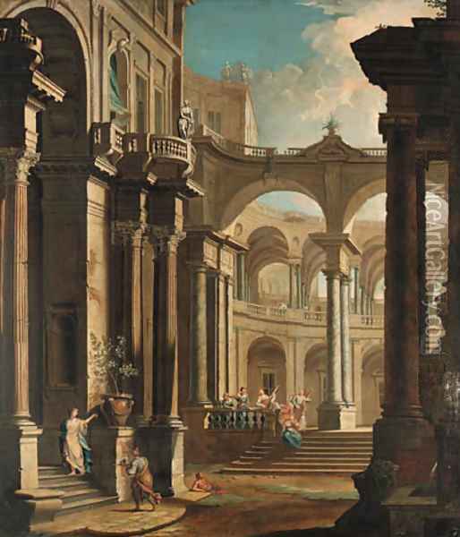 A capriccio of the courtyard of a baroque palace with musicians and other figures Oil Painting - Antonio Joli
