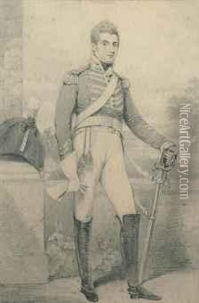 Portrait Of Sir Southerton Branthwayt Peckham Mickelthwaite, Bt.,small Full-length, Standing By A Pillar, In The Uniform Oil Painting - Henry Edridge