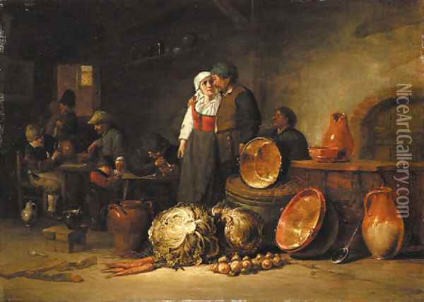 A couple standing by pots and pans in a stable, boors smoking and drinking at tables beyond Oil Painting - Jan Jansz. Van Buesem