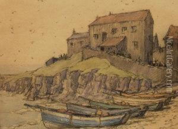 Beached Fishing Boats With Cottages On A Rocky Outcrop Oil Painting - Nelson Ethelred Dawson