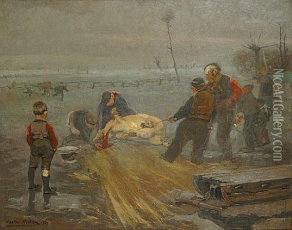 'winterleven (varkensslachting)'. Oil Painting - Marten Melsen