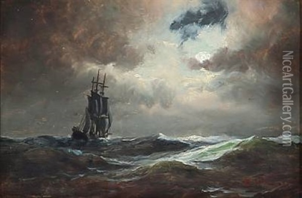 A Bark On Open Sea At Moonlight Oil Painting - Carl Ludwig Bille