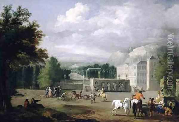 View of a Country Mansion with a Riding School Oil Painting - or Huchtenburgh, Jan van Huchtenberg