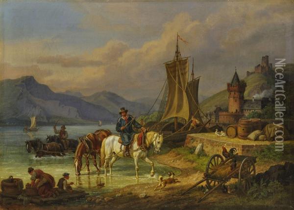 Treidler Am Flussufer Oil Painting - Johann Adam Klein