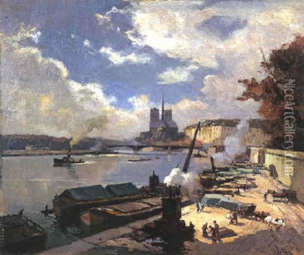 La Seine Pres De Notre Dame Oil Painting - Henri Alphonse Barnoin