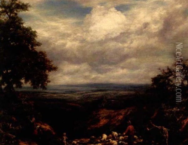 Shepherds On A Hilltop In Surrey Oil Painting - William Linnell