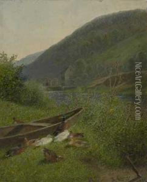 Ruhende Enten An Sommerlichem Seeufer Oil Painting - Fritz Lange