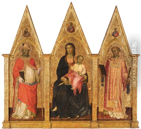 Madonna And Child Enthroned, With Saints Augustine And Lawrence, A Triptych, In The Pinnacles: The Redeemer, Saint John The Baptist And A Saint Oil Painting - Martino di Bartolommeo di Biagio