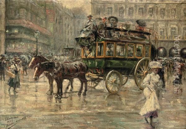 L'omnibus: A Busy Town Square, Paris Oil Painting - Eugenio Alvarez Dumont
