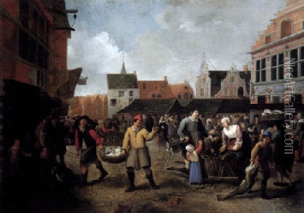 A Fishmarket Oil Painting - Matheus van Helmont