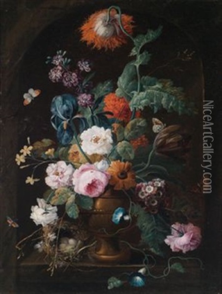 Prachtvolles Blumenstillleben In Ornamentaler Vase Oil Painting - Johann Baptist Drechsler