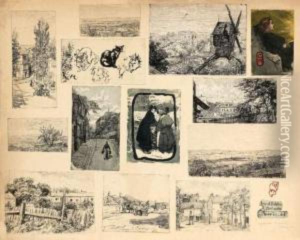 Vues De Montmartre. 14 Sujets 
(chats, Vues De Montmartre, Femmes?) Vers 1895. Exceptionnelle Planche 
Portant 8 Sujets Imprimes Et 5 Colles. Oil Painting - Charles Maurin