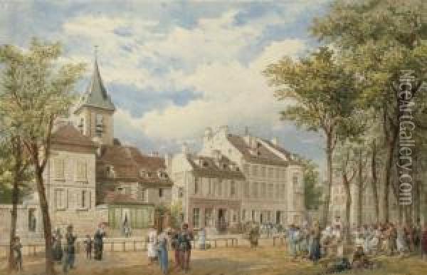 A Busy Day In A French Market Square Oil Painting - E.J. Walker