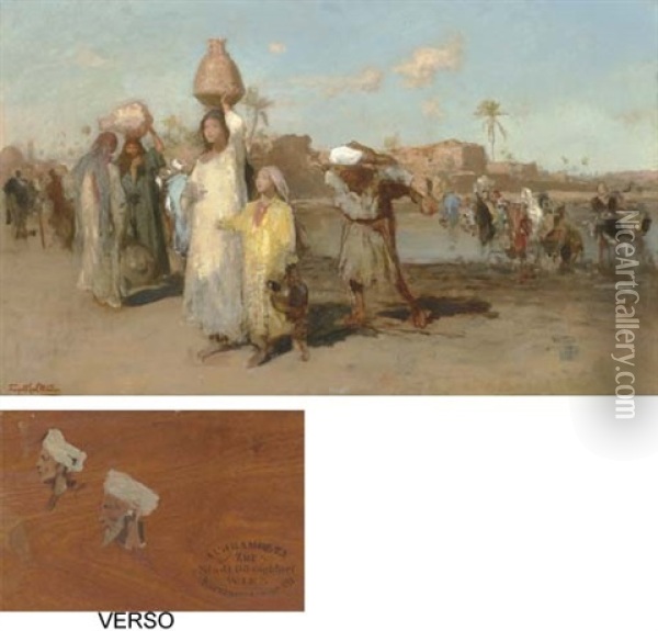 The Water Carriers (+ Studies Of Turbaned Men, Verso) Oil Painting - Carl Leopold Mueller