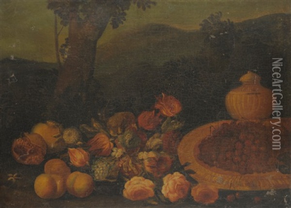 Still Life Of Fruit, Flowers And Other Objects Beside A Tree Oil Painting - Michelangelo di Campidoglio