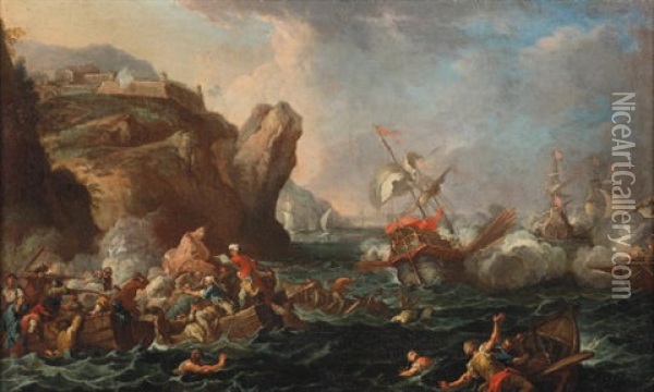 A Naval Battle Between Turks And Christians Oil Painting - Luca Carlevarijs