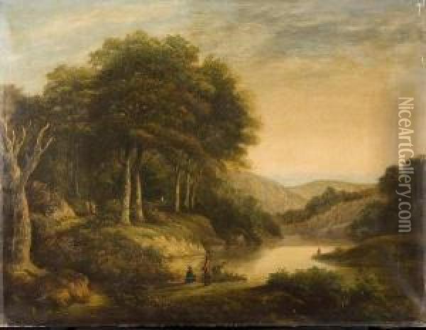 Wooded River Landscape With Anglers Andfigures Walking On The Bank Oil Painting - William Traies