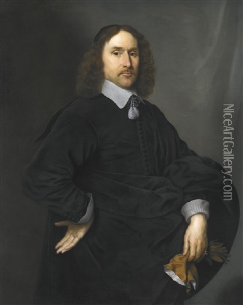 Portrait Of A Gentleman, Half Length, Dressed In Black, Holding A Pair Of Tan Gloves Oil Painting - Cornelis Jonson Van Ceulen