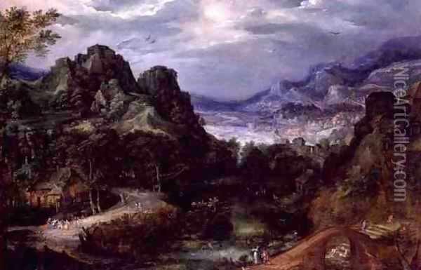 Mountainous landscape with dancing peasants Oil Painting - David Vinckboons