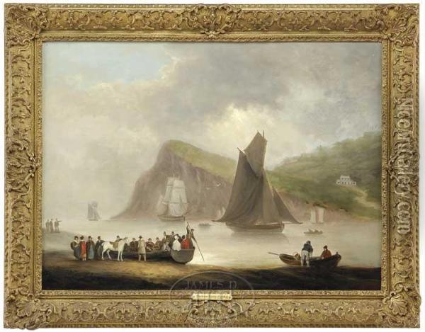 Figures In Ferry And Sailing Boats At Teignmouth, Devon Oil Painting - Thomas Luny