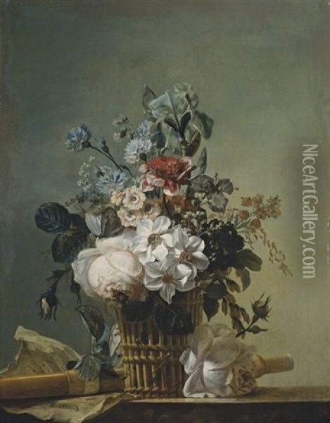 Bouquet De Fleurs, Flute Et Partition Sur Un Entablement Oil Painting - Jean-Jacques Bachelier